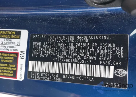 2008 Toyota Camry Xle V6 from USA, damaged, VIN 4T1BK46K48U069647